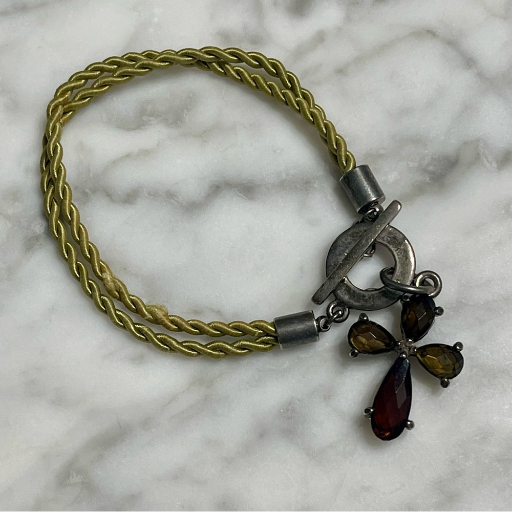 Smoky Topaz Cross Bracelet w/twisted green silk cord & .925 silver toggle clasp - Picture 7 of 8